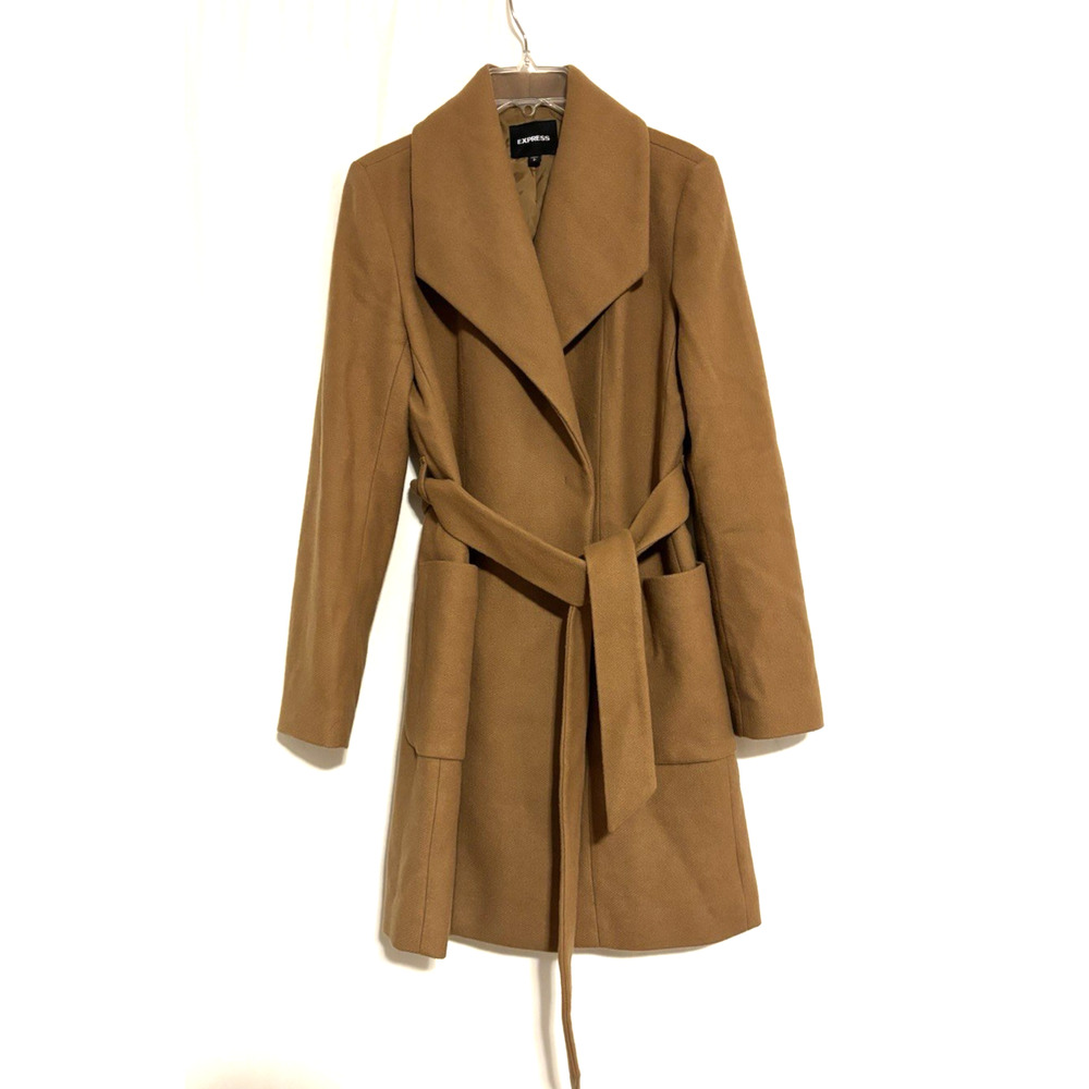 Express Coat Small Wool Blend Belt Pockets Brown Womens